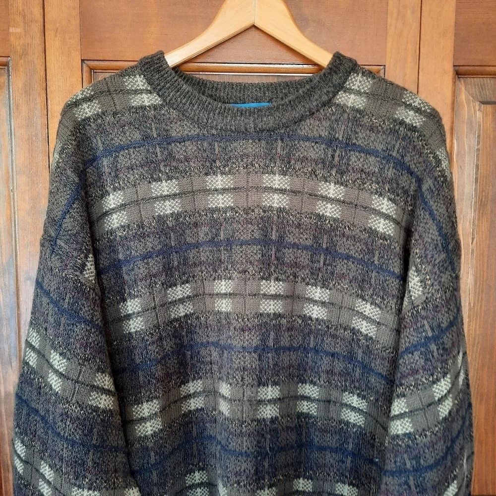 Vintage Towncraft Brown Blue Plaid Cosby Grandpa Style Knit Sweater Size XXL